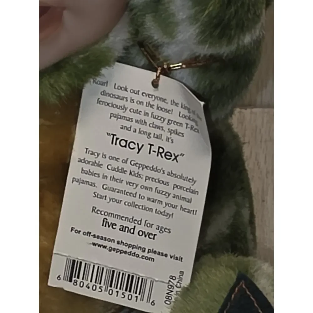 Geppeddo Cuddle Kids Tracy T-Rex Dinosaur Stuffed Plush Doll Porcelain Face NIB